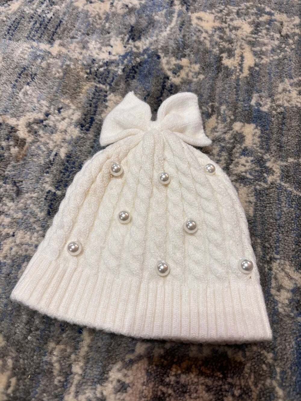 Nycgb Pearl Cable Knit Beanie with top BOW! Size 6-18 Months